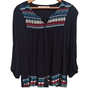 Solitaire Women's Top Blouse Peasant Smock Navy Boho Embroidered Tassels Size L